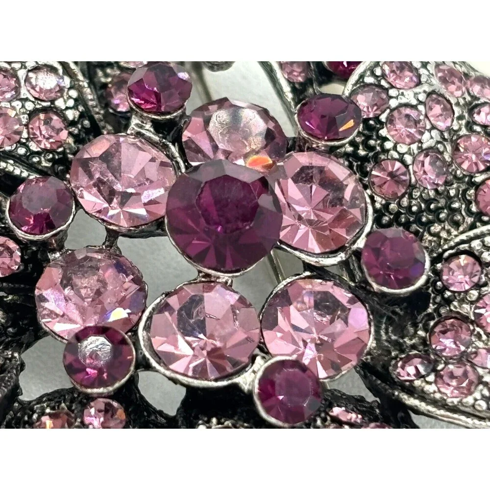 Express Crystal Floral Rhinestone Brooch PurplePink Silvertone Statement Pin NWT